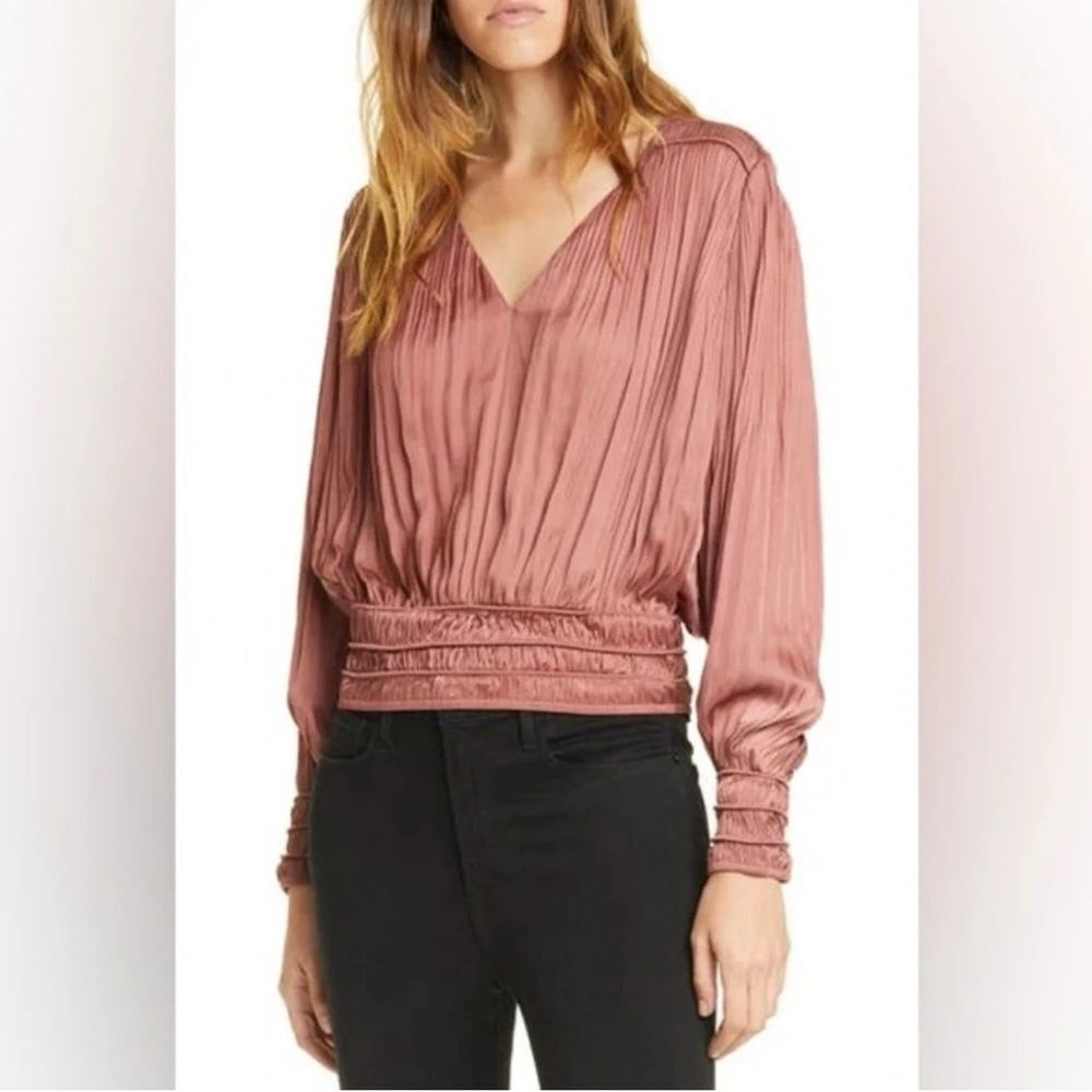 FRAME Long Sleeve V-Neck Pleated Top Rosewood Pink Bohemian Casual Women’s